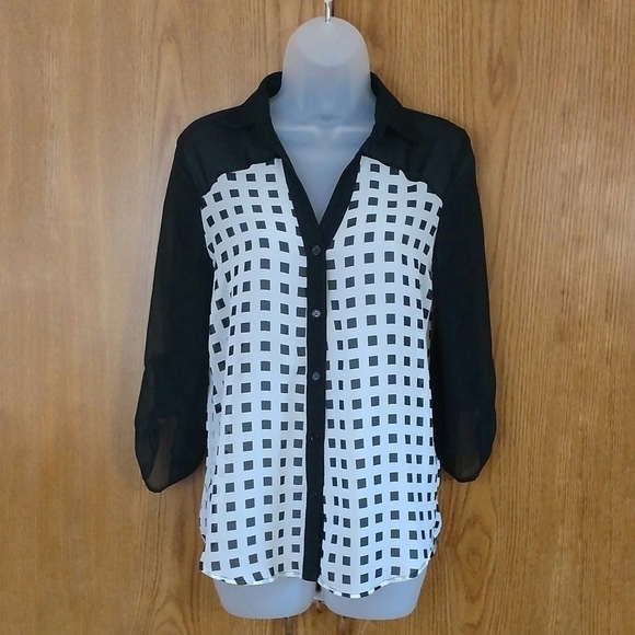 Maurices Sheer Black and White Button Up Blouse - Picture 2 of 7
